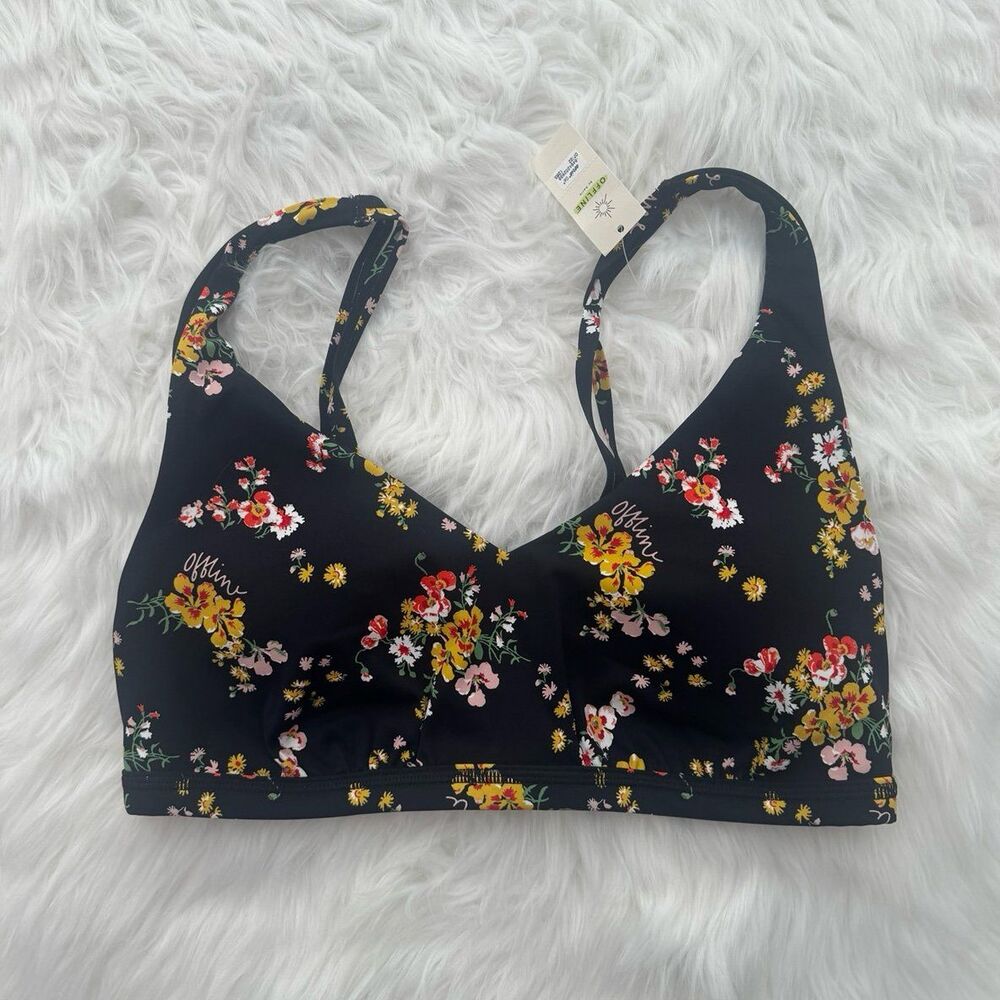 Offline By Aerie Goals Plunge Sports Bra True Black Floral Size Medium